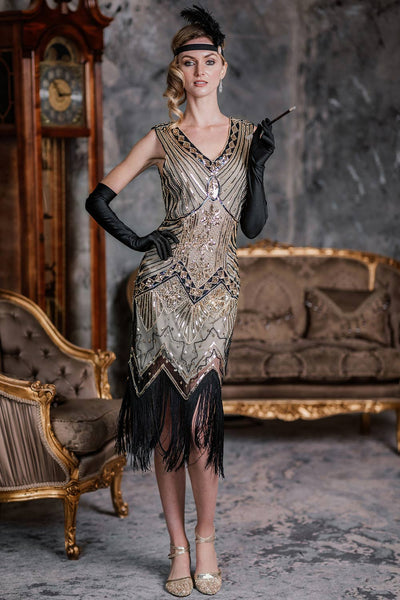 [US Warehouse] Champagne 1920s Sequined Flapper Dress | Retro Stage