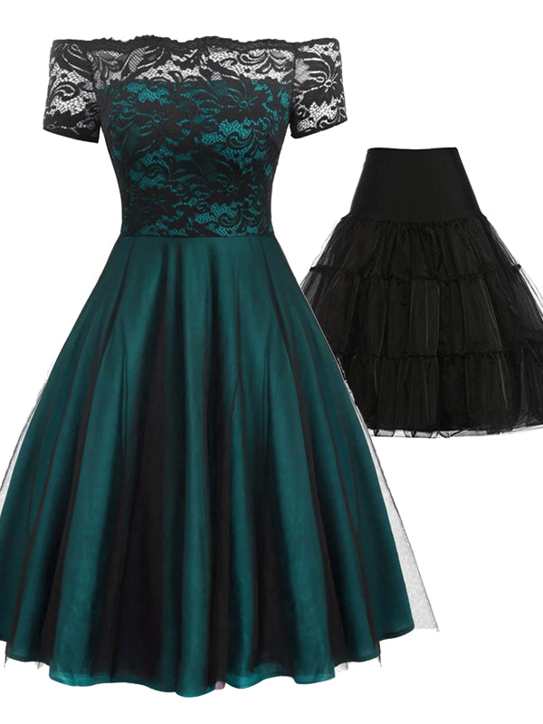 2PCS Off Shoulder 1950s Dress & Black Petticoat | Retro Stage