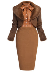 2PCS Brown Bolero Jacket & Plaid Pencil Dress – Retro Stage