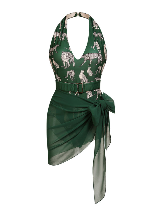 Green 1930s Jaguar Vintage Halter One-piece Swimsuit