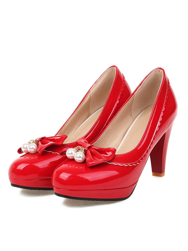 Retro Bow Pearl High Heels Shoes