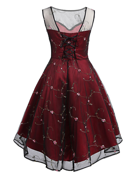 Wine Red 1950s Mesh Hi-Lo Back Lace Up Dress | Retro Stage