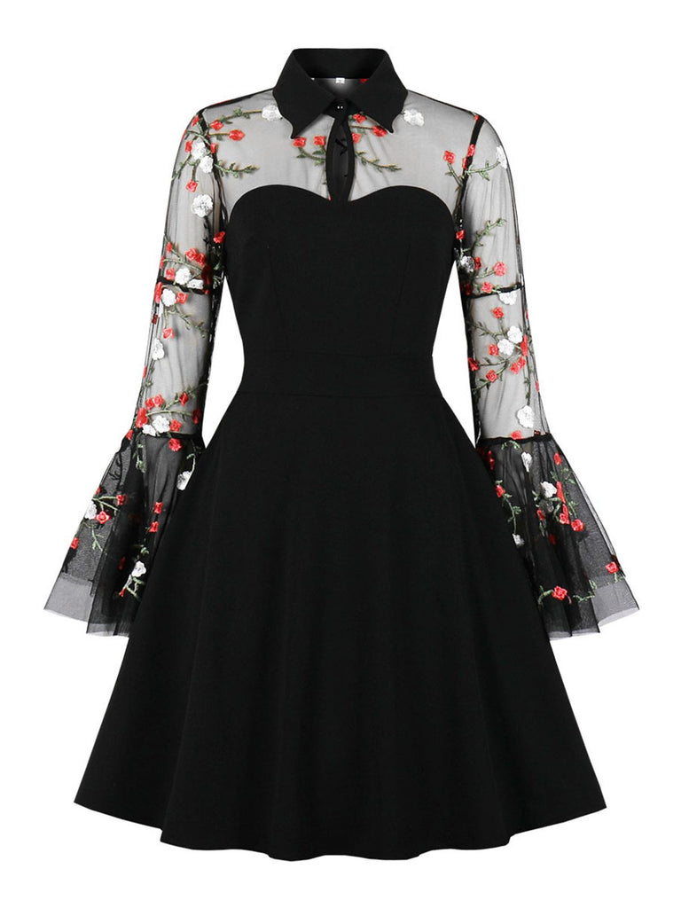 Black 1950s Lace Ruffle Swing Dress