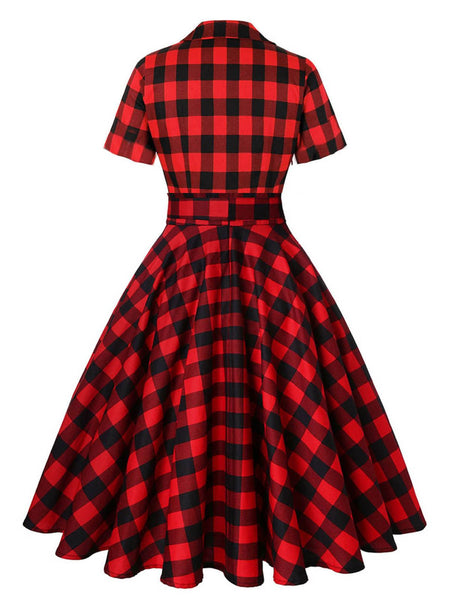 Red 1950s Plaid Bowknot Swing Dress | Retro Stage