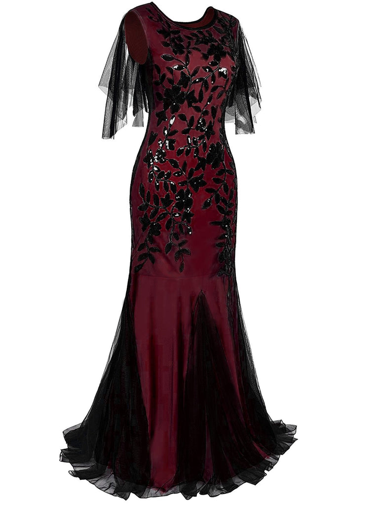 Wine Red 1920s Sequin Maxi Gowns Dress