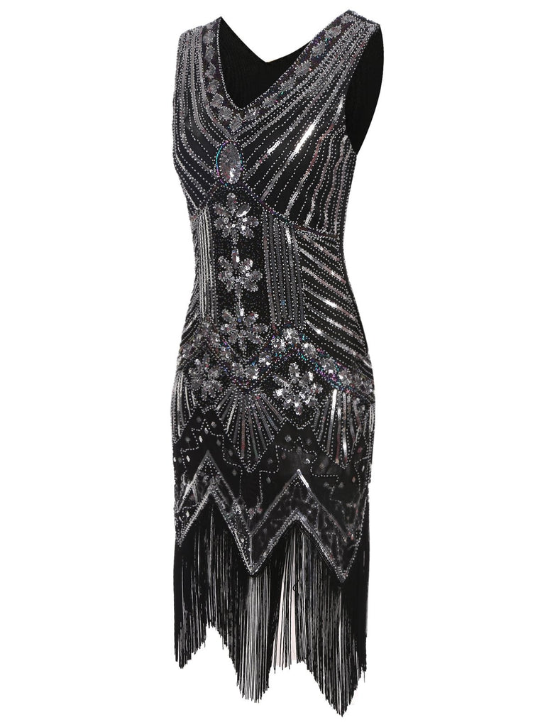 Retrofête Dixie Sequin Fringe Dress Silver/Black / S