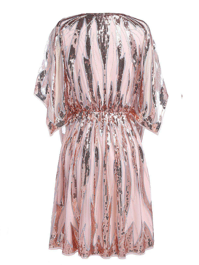 Pink 1920s Sequined Flare Sleeve Dress