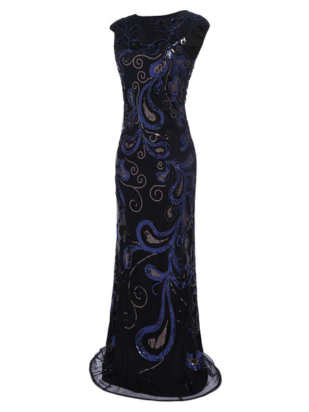 [US Warehouse] Dark Blue 1920s Sequined Maxi Dress | Retro Stage