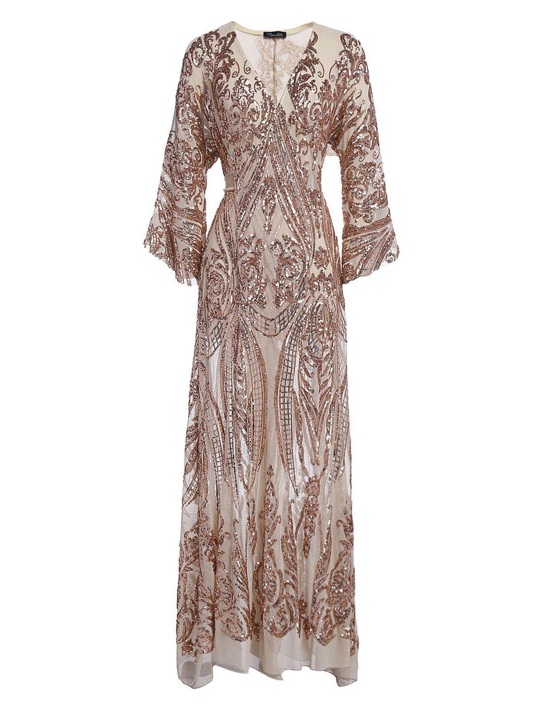 [US Warehouse] Apricot 1920s Sequined Maxi Cover-ups Dress | Retro Stage