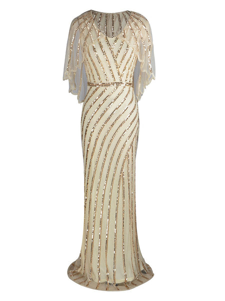 1920s Mesh Sequined Cape Maxi Dress | Retro Stage