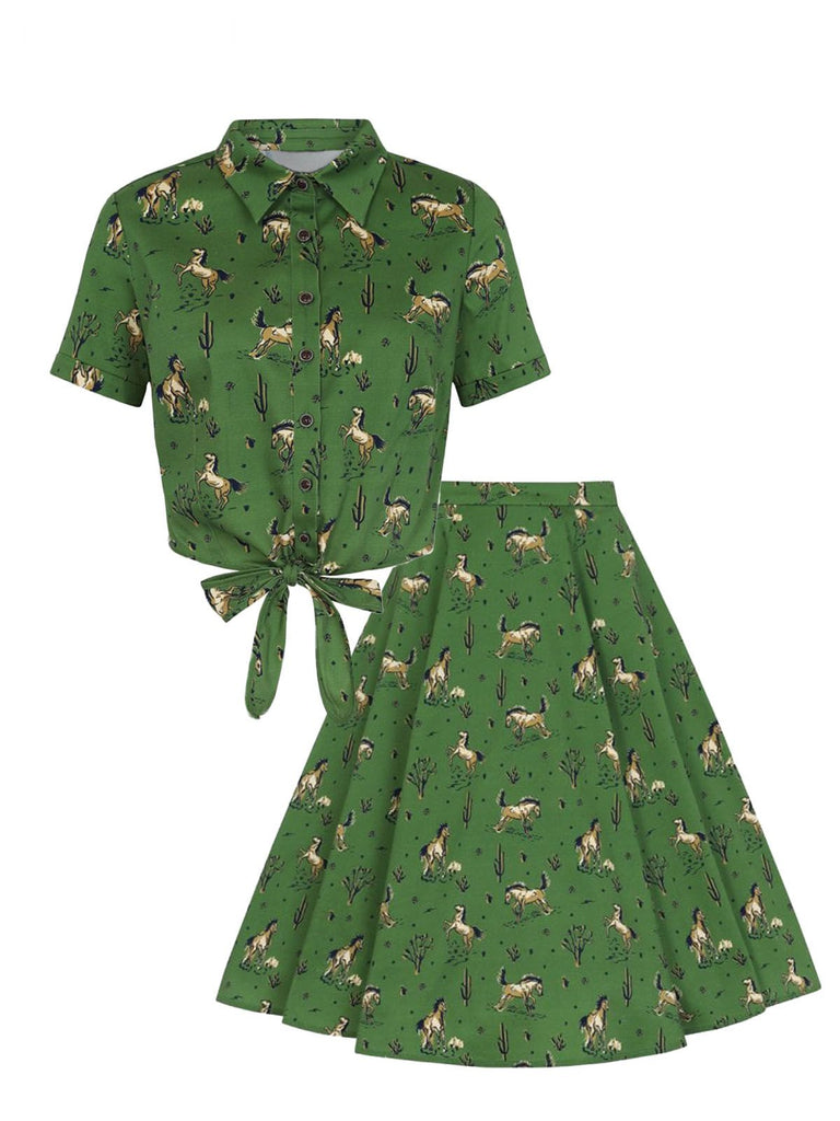 2PCS Green 1950s Horse Blouse Top & Skirt