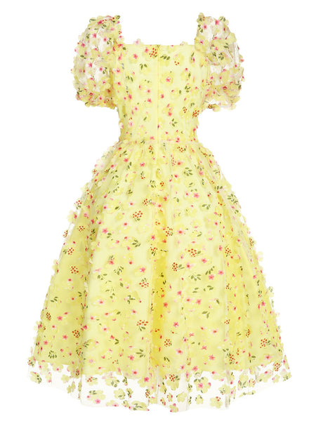 Yellow 3D Floral Puff Sleeves Swing Dress – Retro Stage - Chic Vintage ...