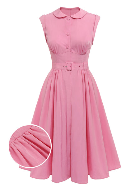 Pink 1950s Doll Collar Solid Dress | Retro Stage