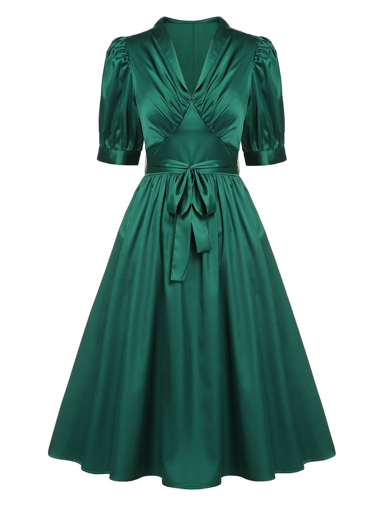 Dark Green 1940s Solid Belt V-Neck Dress | Retro Stage