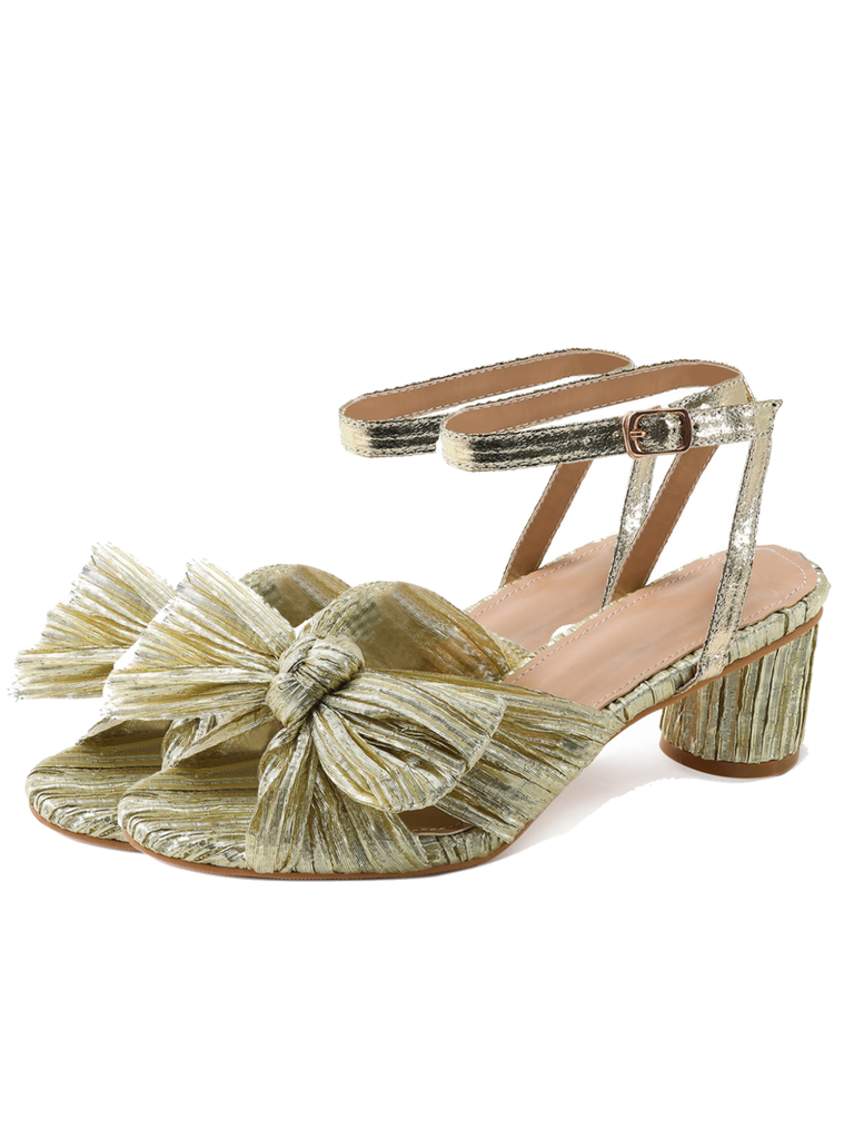 Pleated Chiffon Bowknot Chunky Heels Sandals