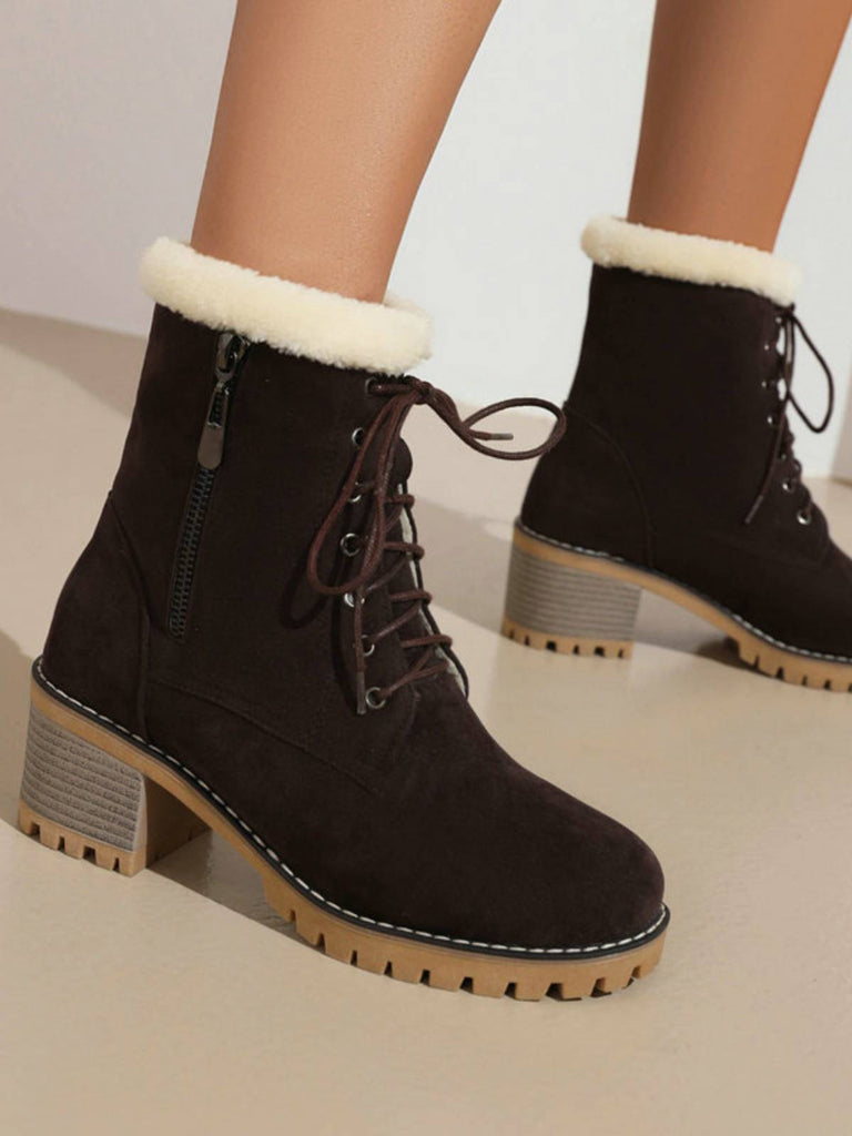 Retro Fleece Solid Color Chunky Heel Boots