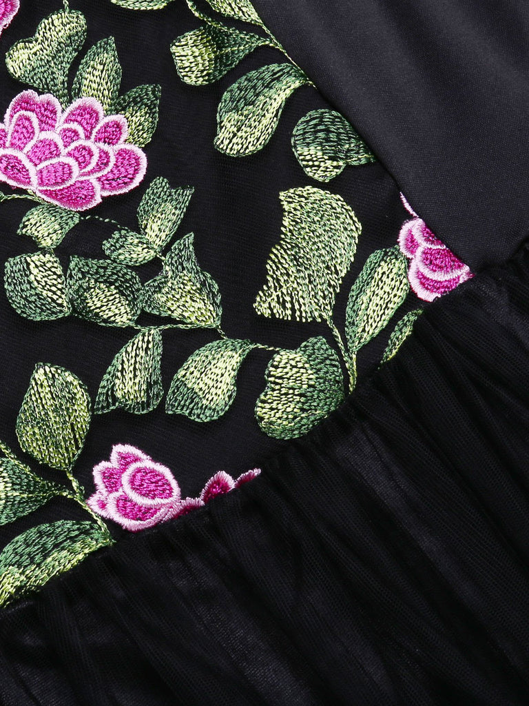 Black 1950s Peony Embroidery Dress | Retro Stage