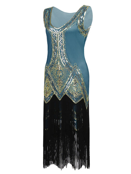 Lake Blue 1920s Beaded Fringed Dress | Retro Stage