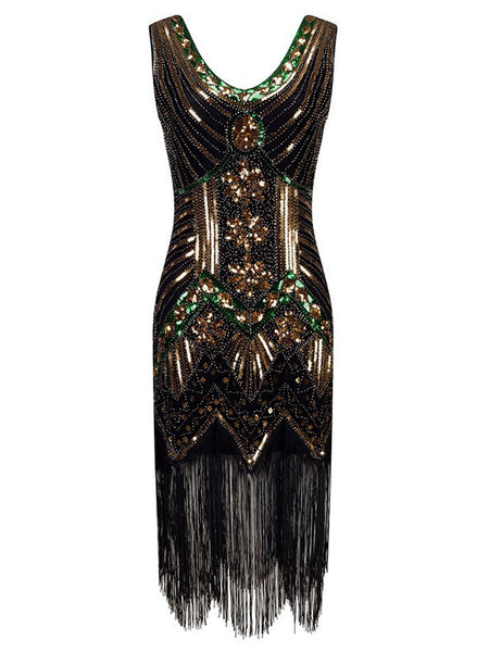 [US Warehouse] Gold 1920s Beaded Fringed Flapper Dresses | Retro Stage
