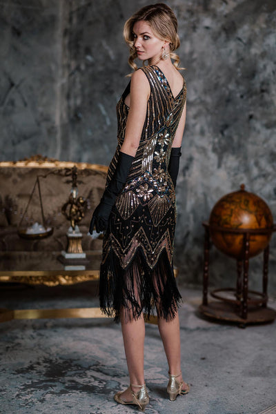 [US Warehouse] Gold 1920s Beaded Fringed Flapper Dresses | Retro Stage