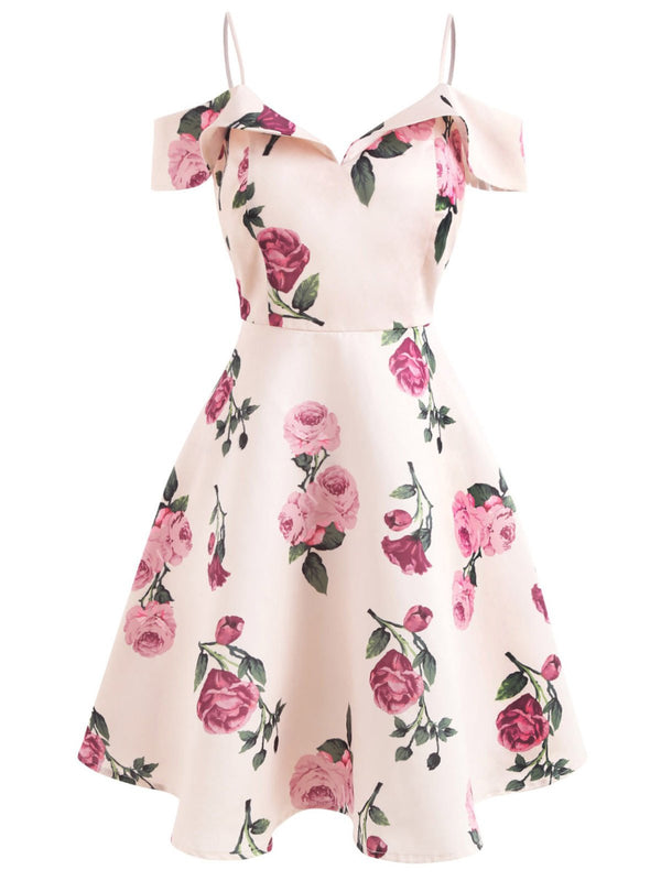 Pink 1950s Floral Spaghetti Strap Dress | Retro Stage