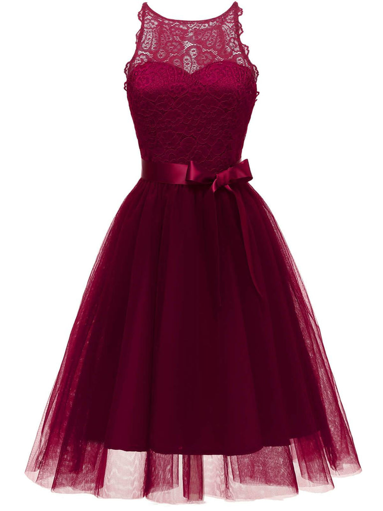 [US Warehouse] Wine Red 1950s Lace Belted Bow Swing Dress