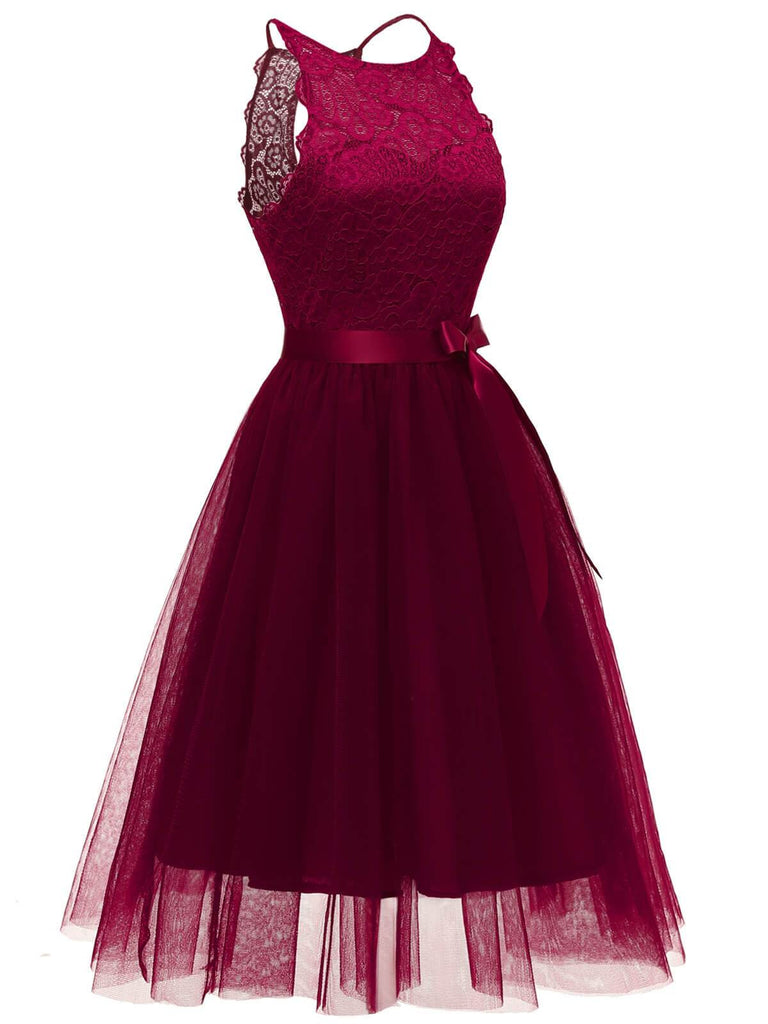 [US Warehouse] Wine Red 1950s Lace Belted Bow Swing Dress