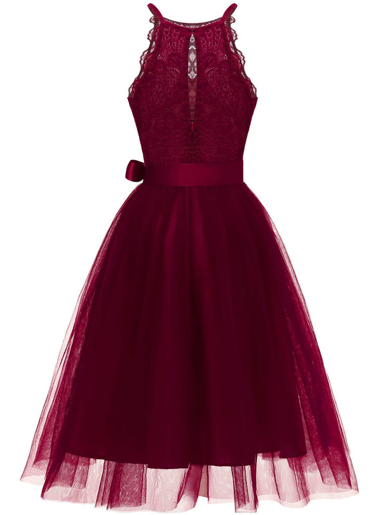 [US Warehouse] Wine Red 1950s Lace Belted Bow Swing Dress