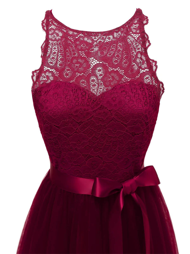 [US Warehouse] Wine Red 1950s Lace Belted Bow Swing Dress