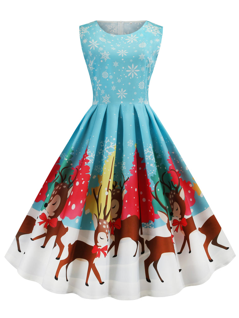 Blue 1950s Christmas Deer Swing Dress