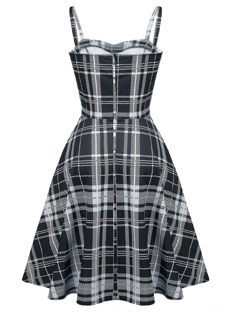 1950s Plaid Button Strap Swing Dress