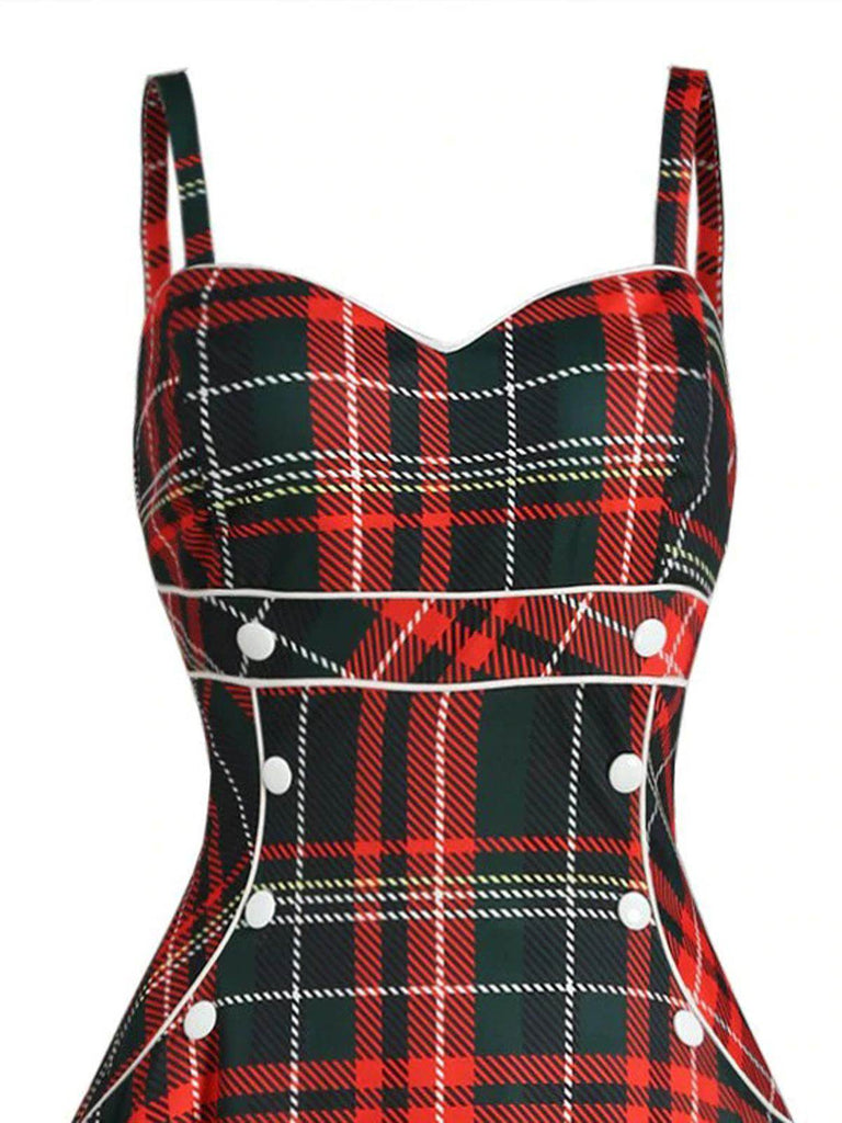 1950s Plaid Button Strap Swing Dress