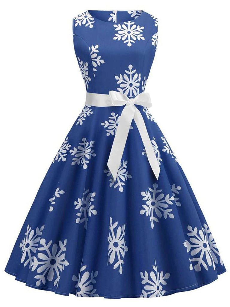 Blue 1950s Snowflake Bow Swing Dress