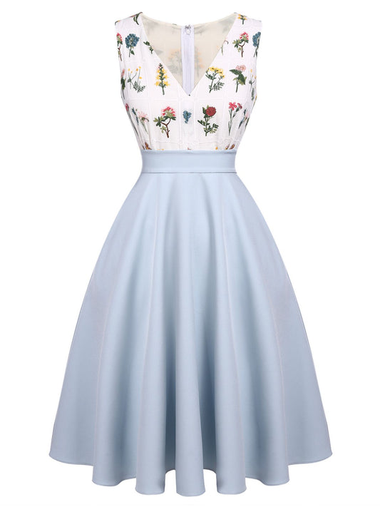 Blue 1950s Embroidery Pockets Swing Dress