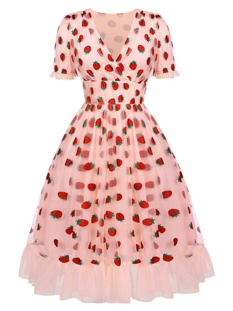 Pink 1950s Lace Strawberry Swing Dress | Retro Stage