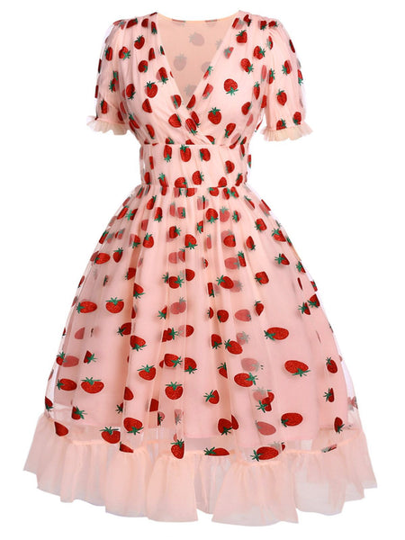 Pink 1950s Lace Strawberry Swing Dress | Retro Stage