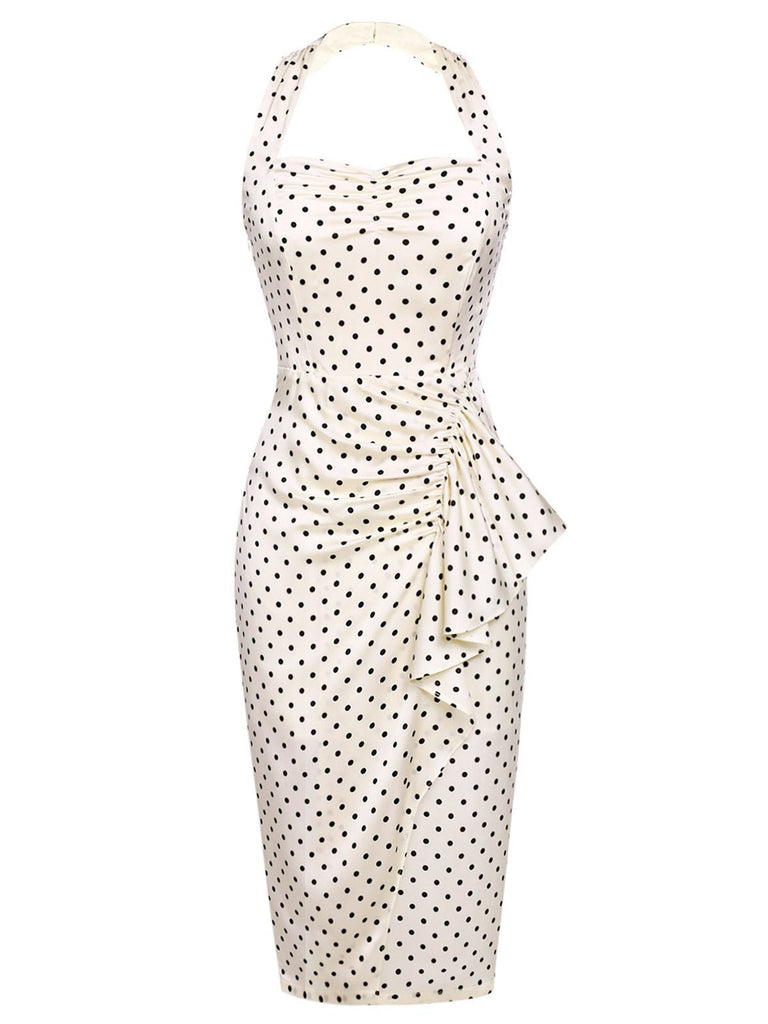 Ivory 1960s Polka Dot Halter Pencil Dress