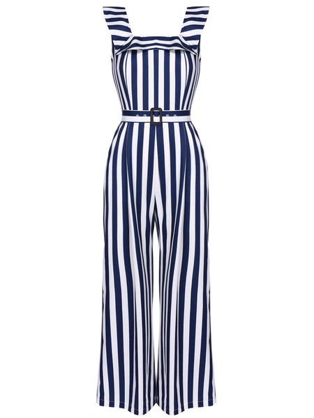 Blue 1930s Striped Ruffle Jumpsuit | Retro Stage