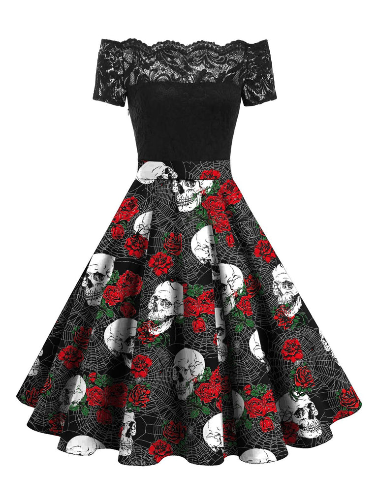 Black 1950s Off-shoulder Skeleton Dress