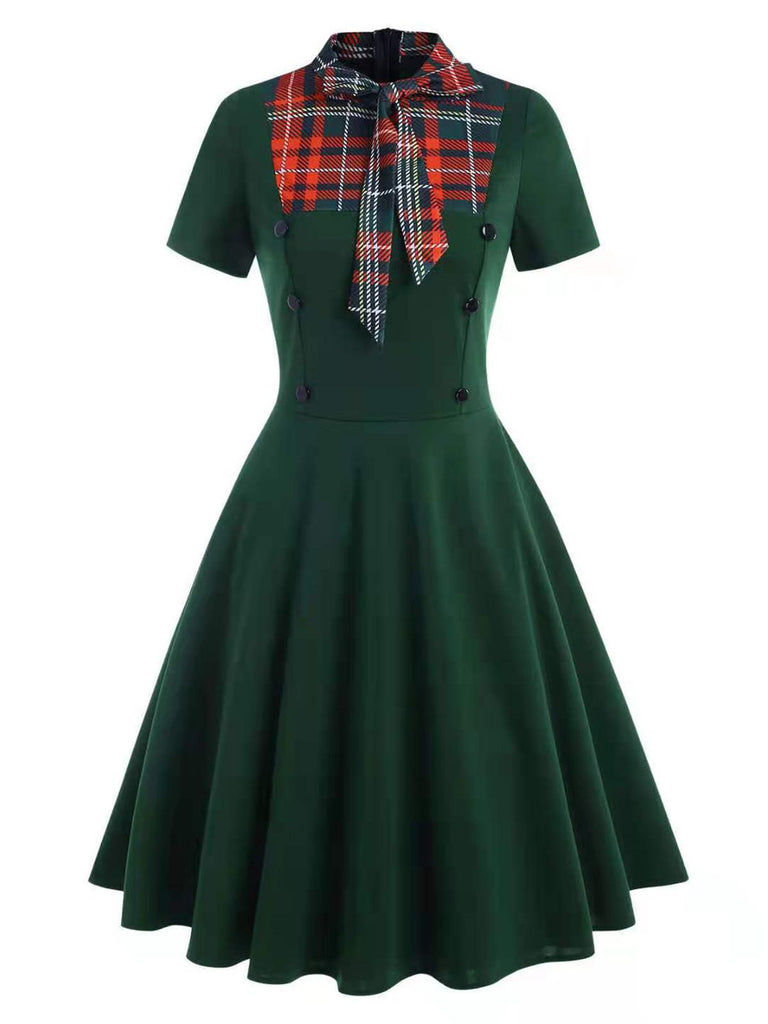 1950s Plaid Patchwork Bowknot Dress