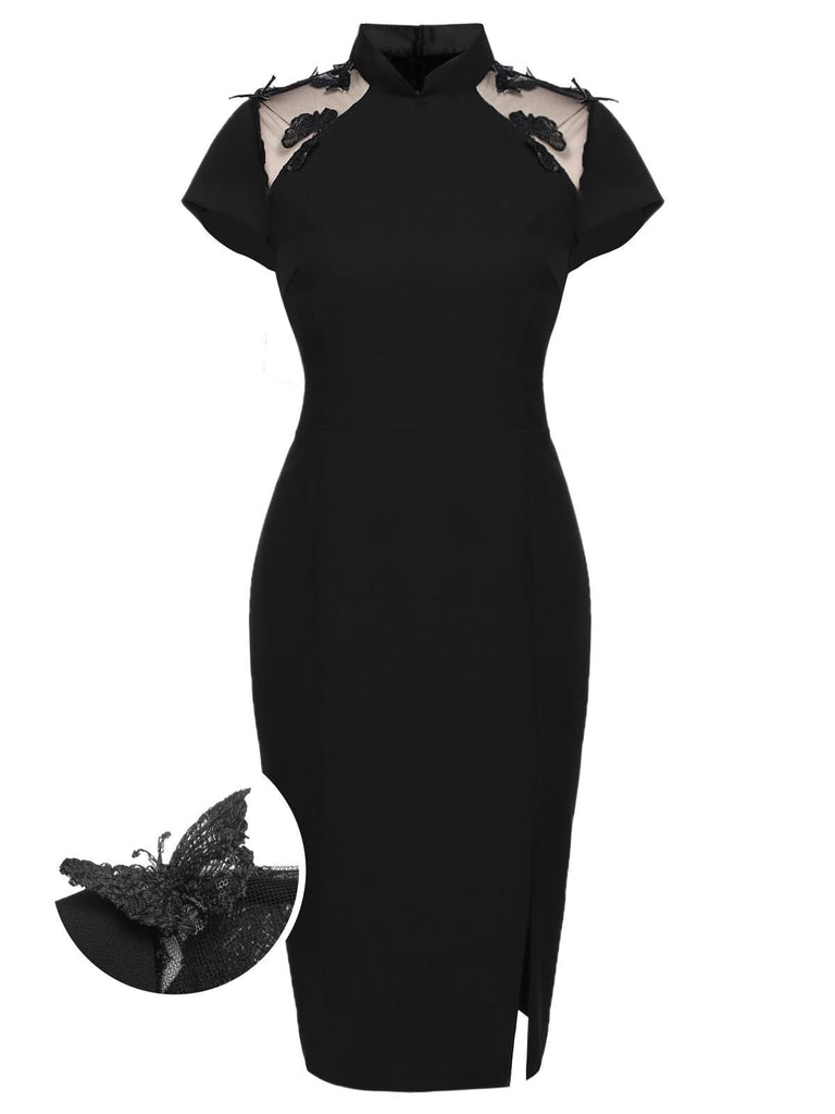 Black 1960s Butterfly Backless Pencil Dress | Retro Stage