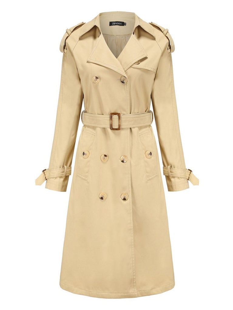 Retro Solid Button Belt Coat