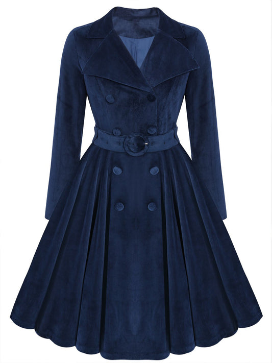 Navy Blue 1950s Corduroy Long Coat