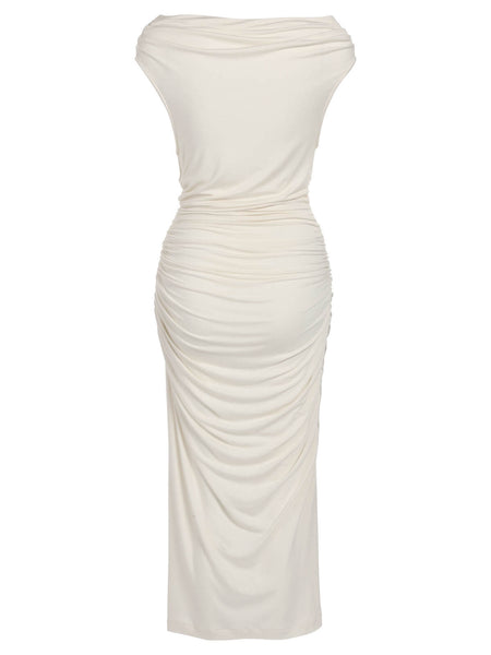 Ivory 1960s Cap Sleeve Slim Pleated Dress | Retro Stage