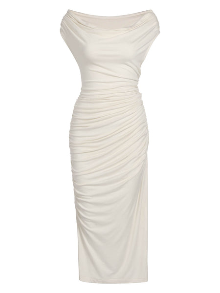 Ivory 1960s Cap Sleeve Slim Pleated Dress | Retro Stage