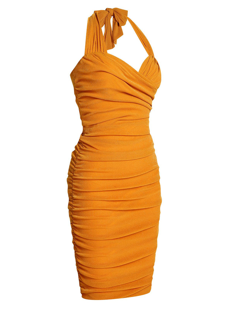 Orange Solid Folds Halter Pencil Dress | Retro Stage