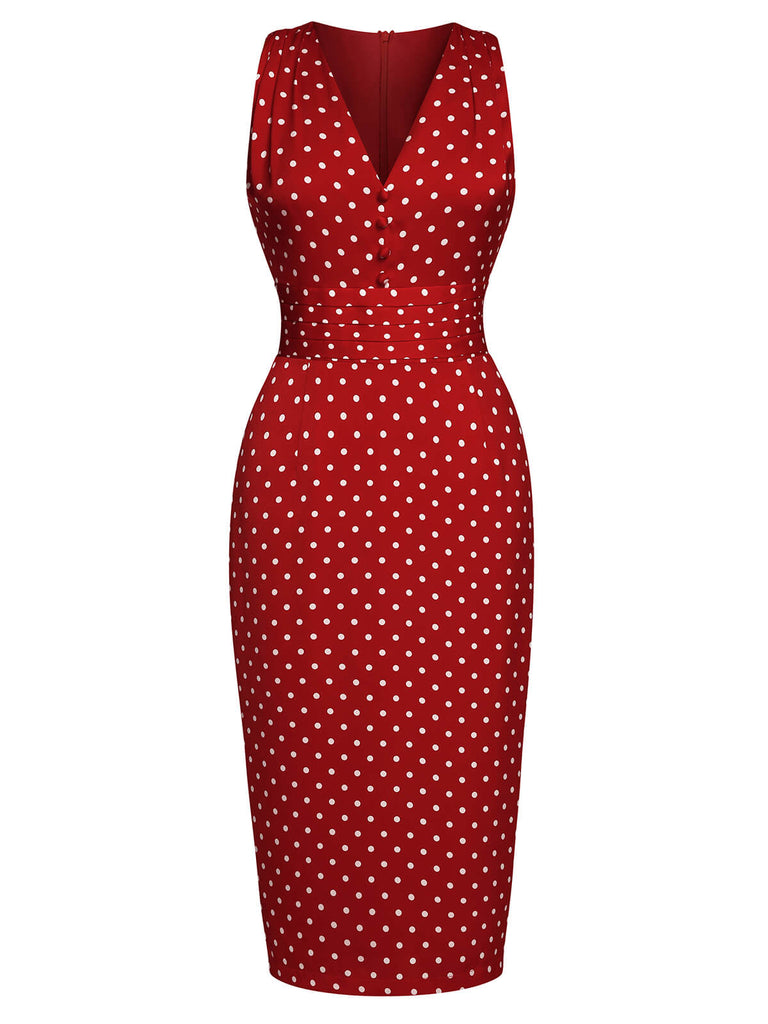 Red 1960s Dots V-Neck Pencil Dress | Retro Stage