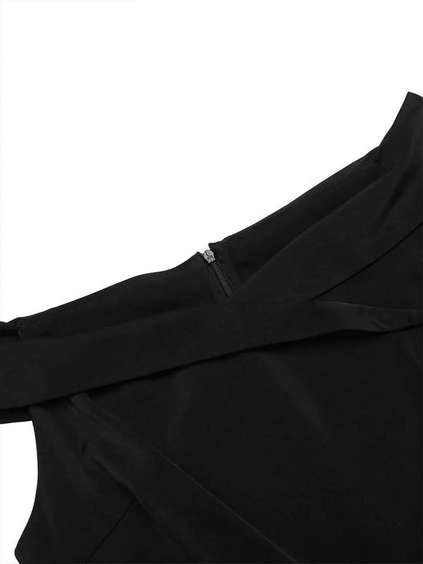 Black 1950s Polka Dot Off-shoulder Patchwork Dress | Retro Stage