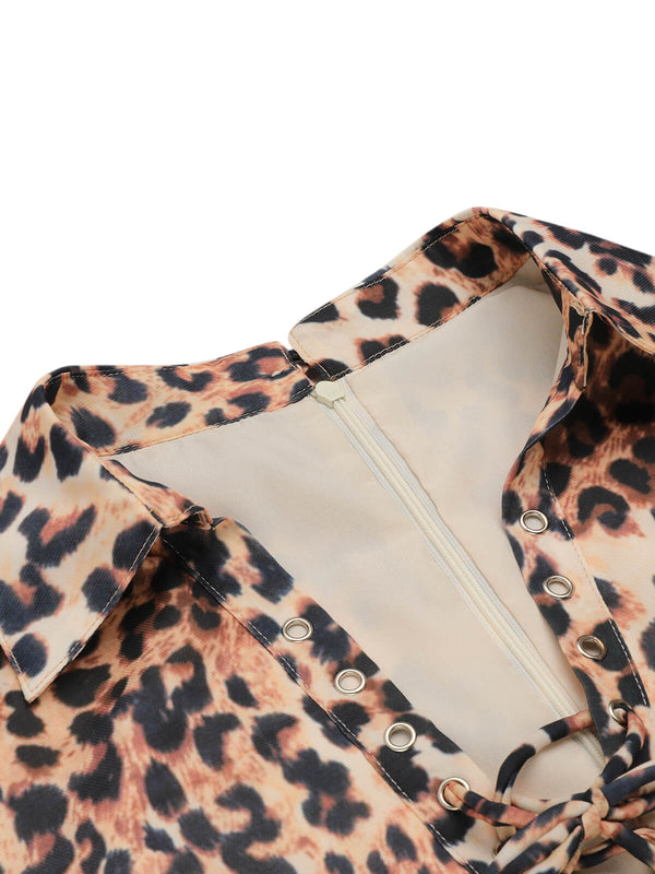 2PCS 1950s Leopard Lapel Romper & Khaki Skirt | Retro Stage