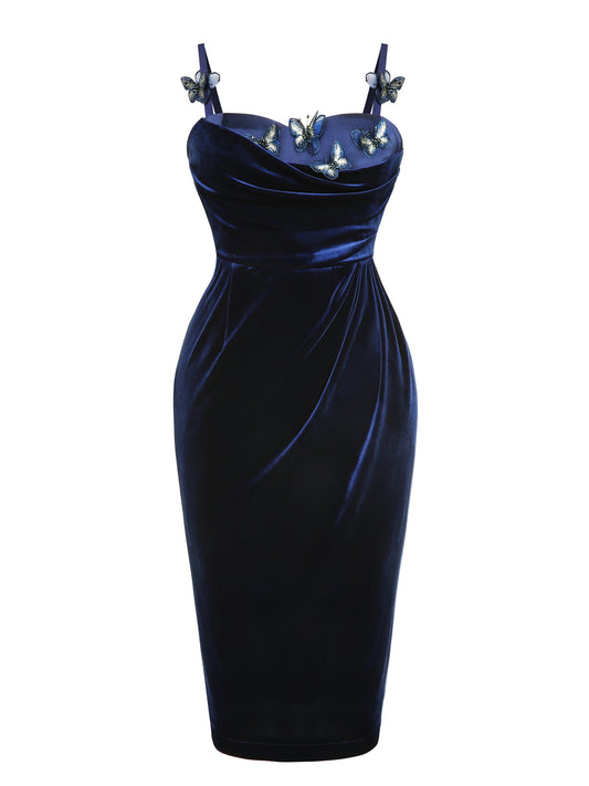 Blue 1960s 3D Butterfly Velvet Pencil Dress